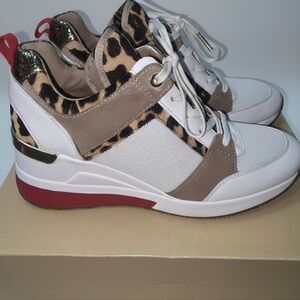 Michael Kors White and Tan Leopard Sneakers